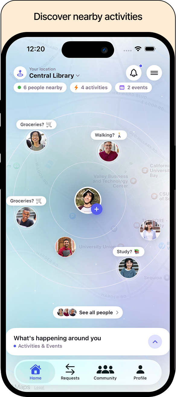 Proximity radar showing nearby people and lightweight activity invitations around the current user.
