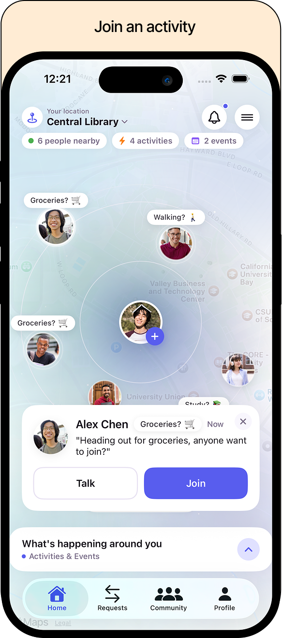 Nearby activity card for Alex with Talk and Join actions displayed over the proximity radar.