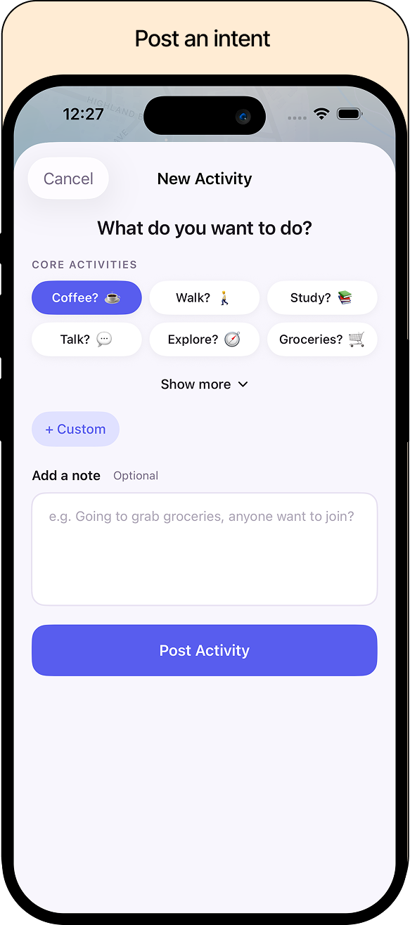 New Activity screen with everyday activity choices, an optional note field, and a Post Activity button.