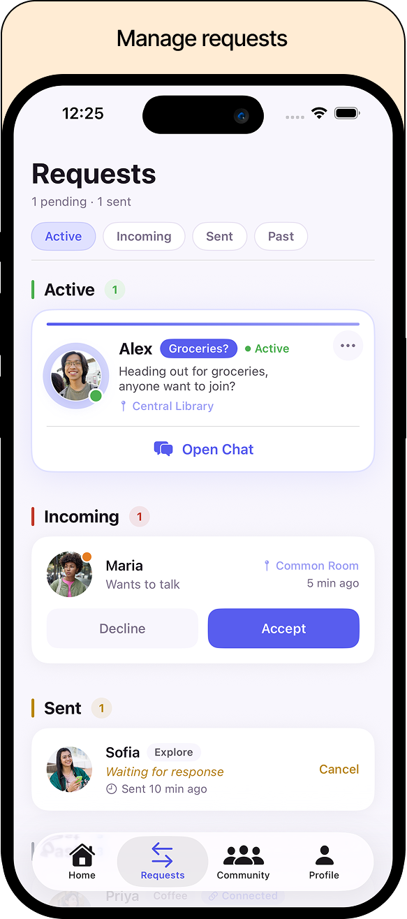 Requests screen organizing active, incoming, and sent activity requests with status and response controls.